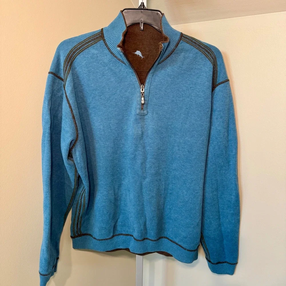 Tommy‎ Bahama Mens Reversible Quarter Zip Pullover Brown Blue Heathered Sweater